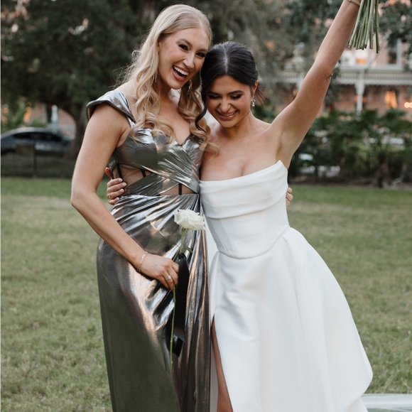 Marchesa Notte Off-Shoulder Gown in Gunmetal Silver - Picture 10 of 10